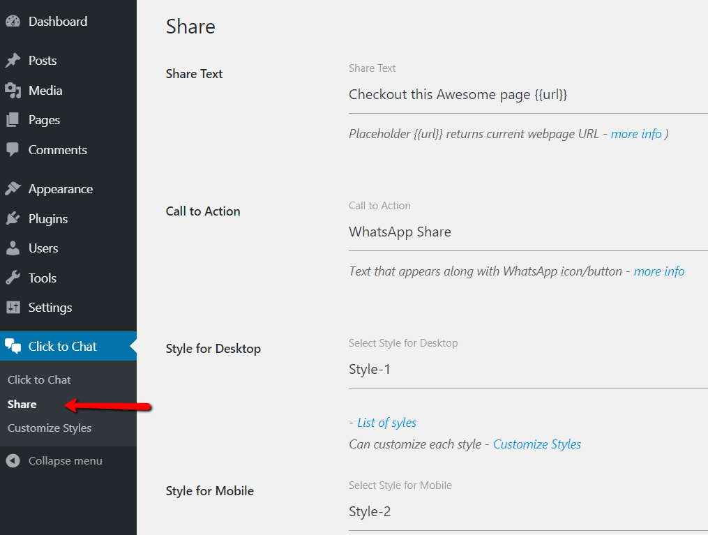 Enable Share Feature Click to Chat