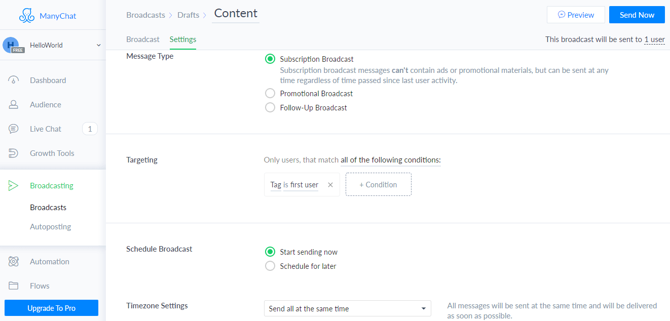 Broadcast for ManyChat