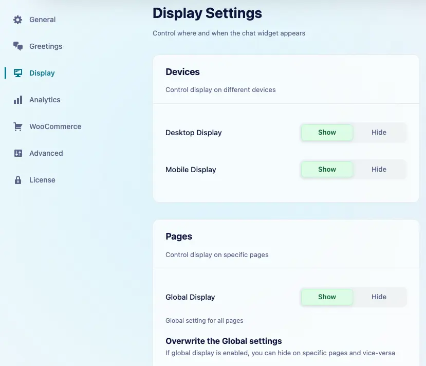 Global Display Settings: hide on seleted pages global show