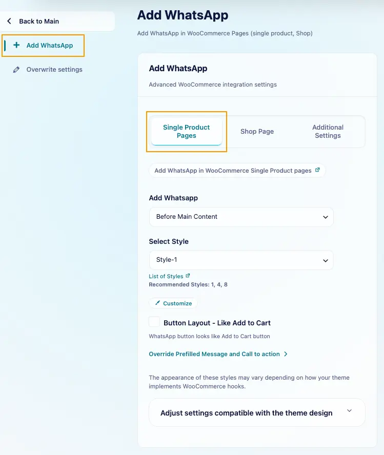 Add WhatsApp In WooCommerce Single Product Pages: addwa single pro page
