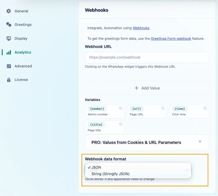 Webhook data format menu with JSON and String options