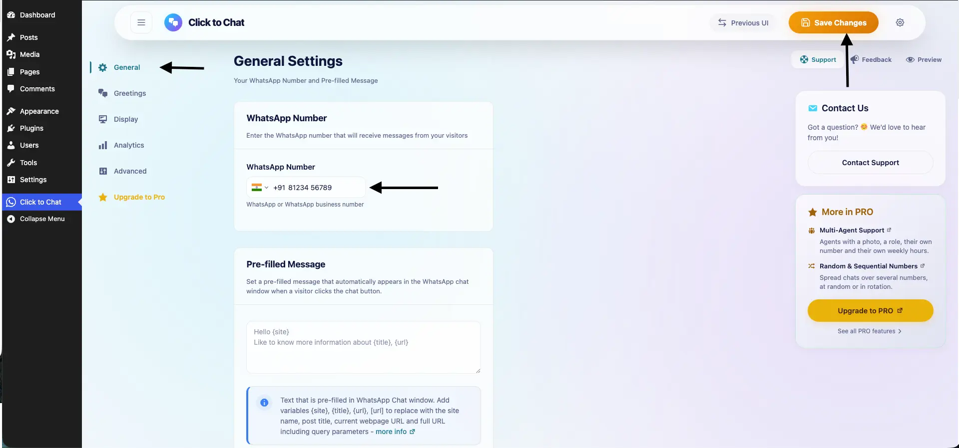 Step 6: Configure the Plugin Settings: add whatsapp number general tab